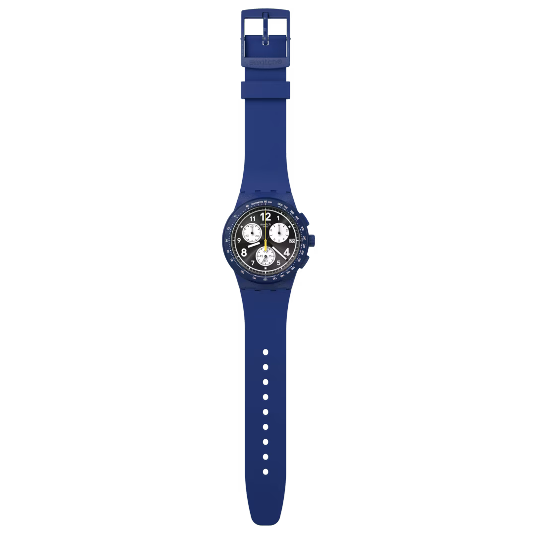 Swatch Bioceramic Chrono SUSN418 Nothing Basic About Blue – Cronografo blu navy, vista frontale su sfondo bianco – CICCO Gioielleria
