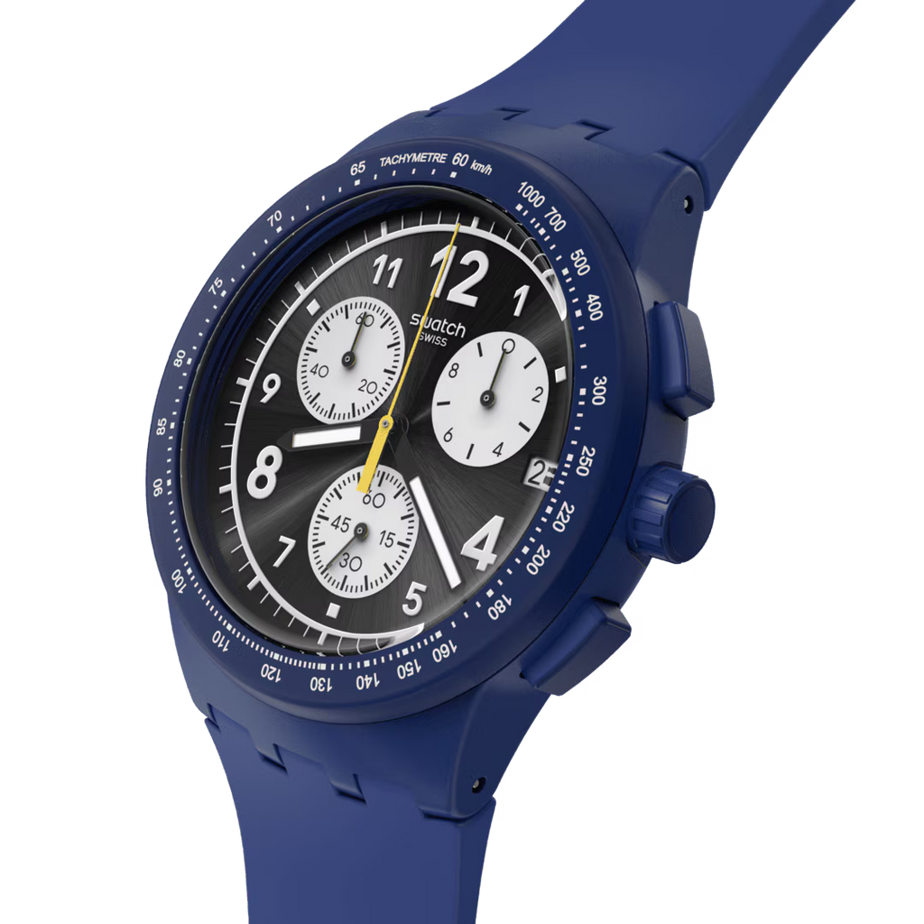 Swatch Bioceramic Chrono SUSN418 Nothing Basic About Blue – Vista frontale con cinturino alternativo – SWATCH