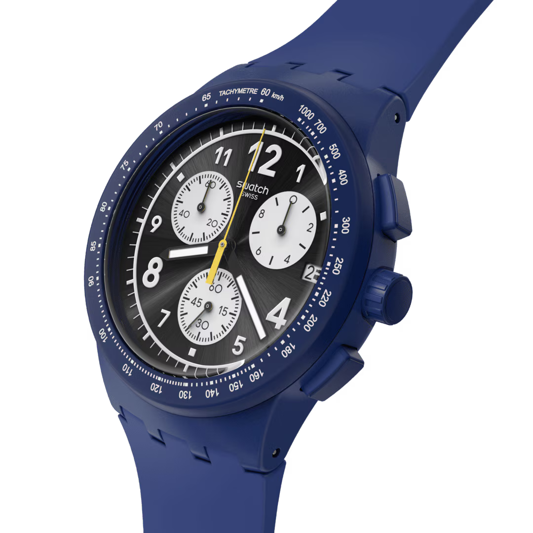 Swatch Bioceramic Chrono SUSN418 Nothing Basic About Blue – Vista frontale con cinturino alternativo – SWATCH