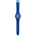 Swatch PRIMARILY BLUE SUSN419, cronografo blu con contatori arancioni e cinturino coordinato, vista frontale.