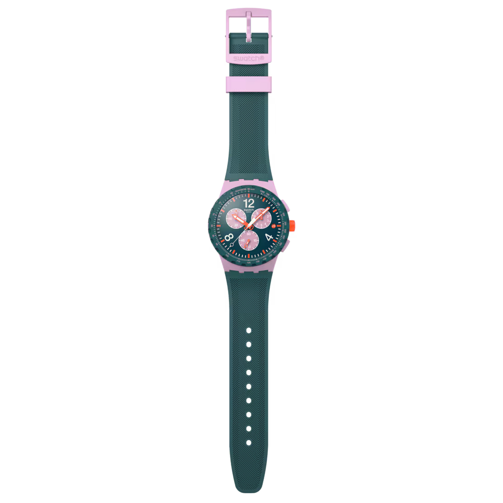 Swatch Bioceramic Chrono SUSP400 Moment of Rose – Cronografo rosa, vista frontale su sfondo bianco – CICCO Gioielleria