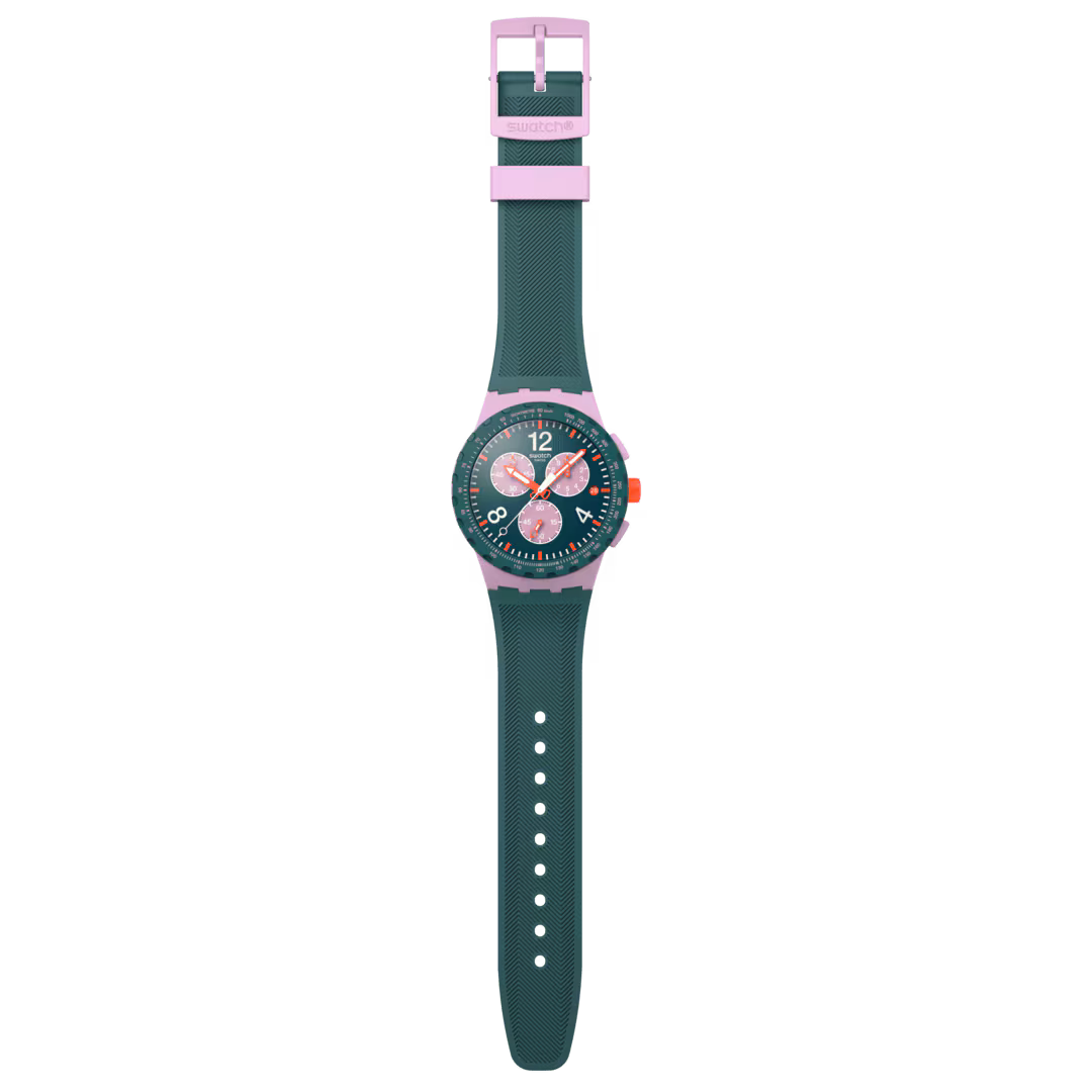 Swatch Bioceramic Chrono SUSP400 Moment of Rose – Cronografo rosa, vista frontale su sfondo bianco – CICCO Gioielleria