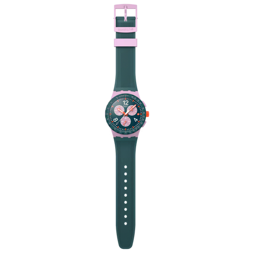 Swatch Bioceramic Chrono SUSP400 Moment of Rose – Cronografo rosa, vista frontale su sfondo bianco – CICCO Gioielleria
