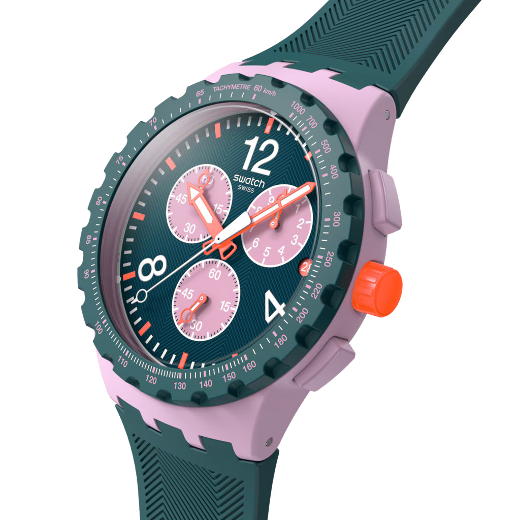 Swatch Bioceramic Chrono SUSP400 Moment of Rose – Vista frontale con cinturino alternativo – SWATCH