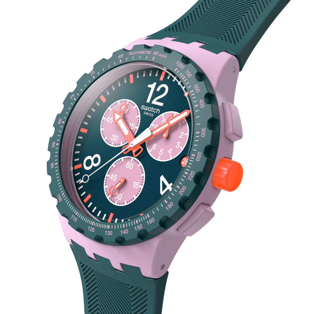 Swatch Bioceramic Chrono SUSP400 Moment of Rose – Vista frontale con cinturino alternativo – SWATCH