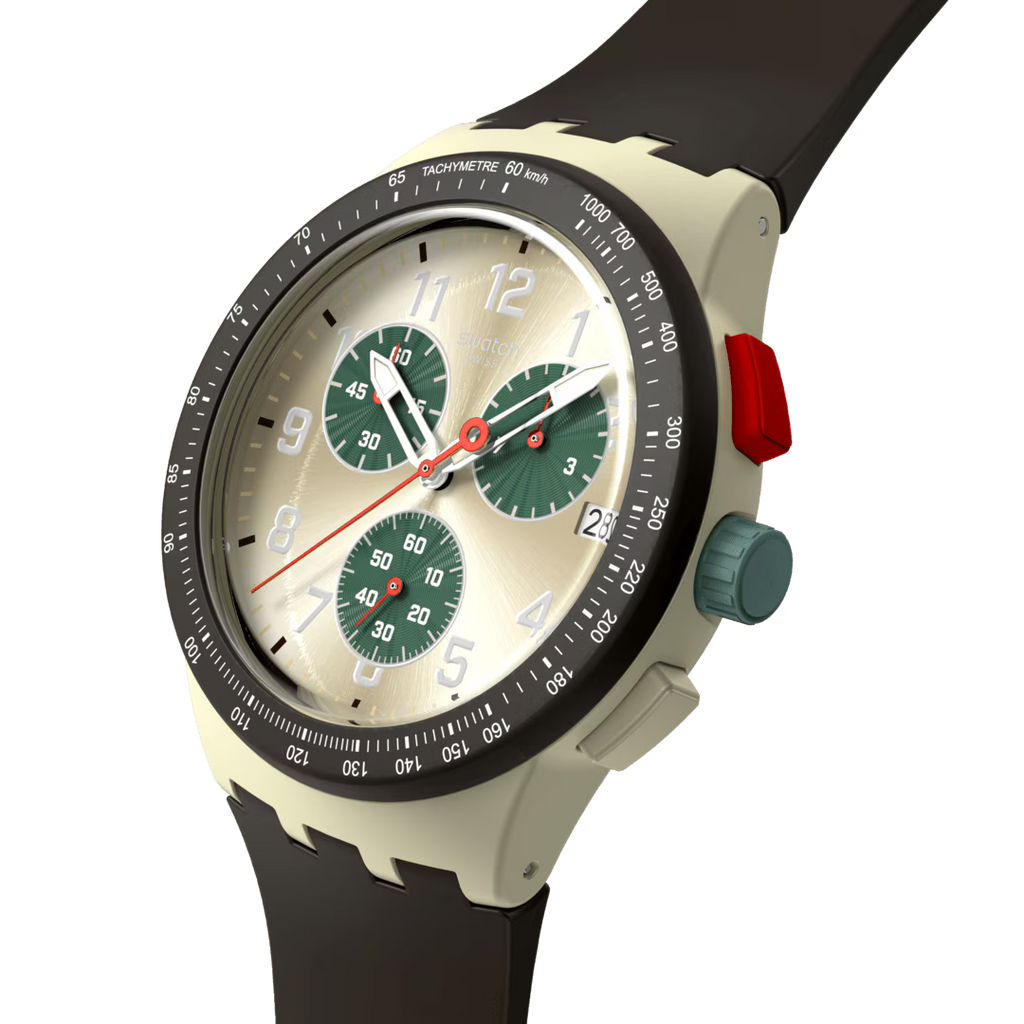Swatch Bioceramic Chrono SUSB421 Obsidian Ink – Vista frontale con cinturino alternativo – SWATCH