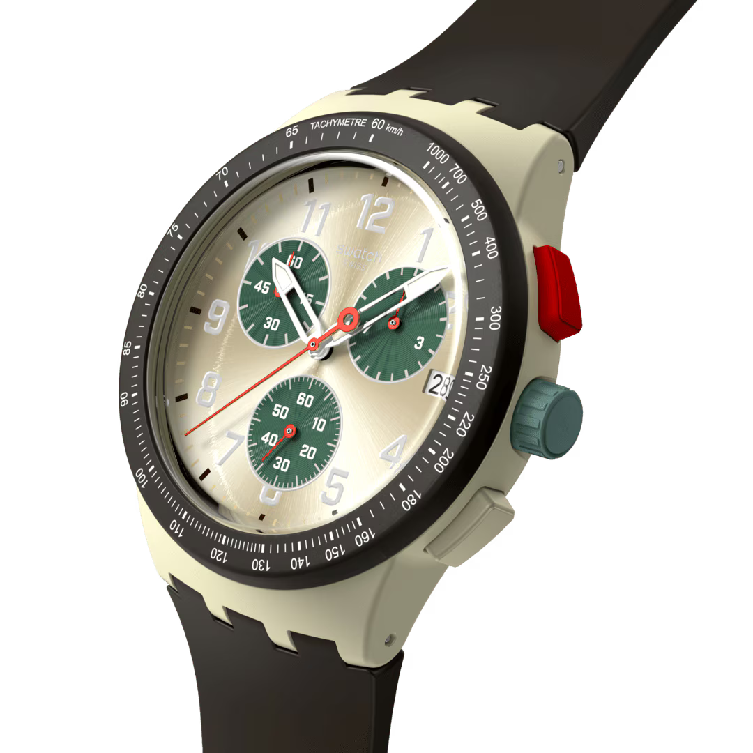 Swatch Bioceramic Chrono SUSB421 Obsidian Ink – Vista frontale con cinturino alternativo – SWATCH