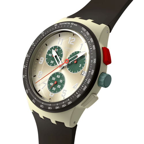 Swatch Bioceramic Chrono SUSB421 Obsidian Ink – Vista frontale con cinturino alternativo – SWATCH