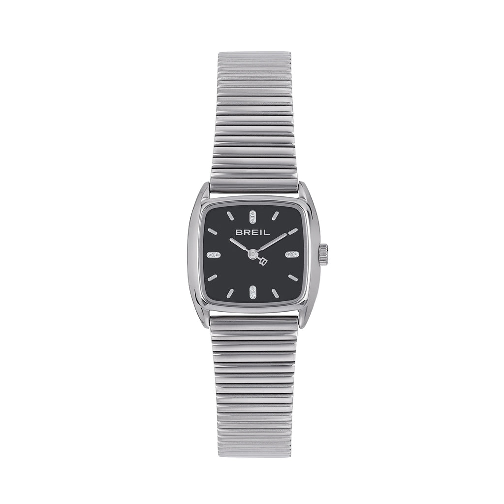 Breil Stylize TW2050 | Orologio Donna Art Déco Acciaio Nero Cristalli Maglia Zigrinata 24x21mm Vista Frontale | Gioielleria CICCO
