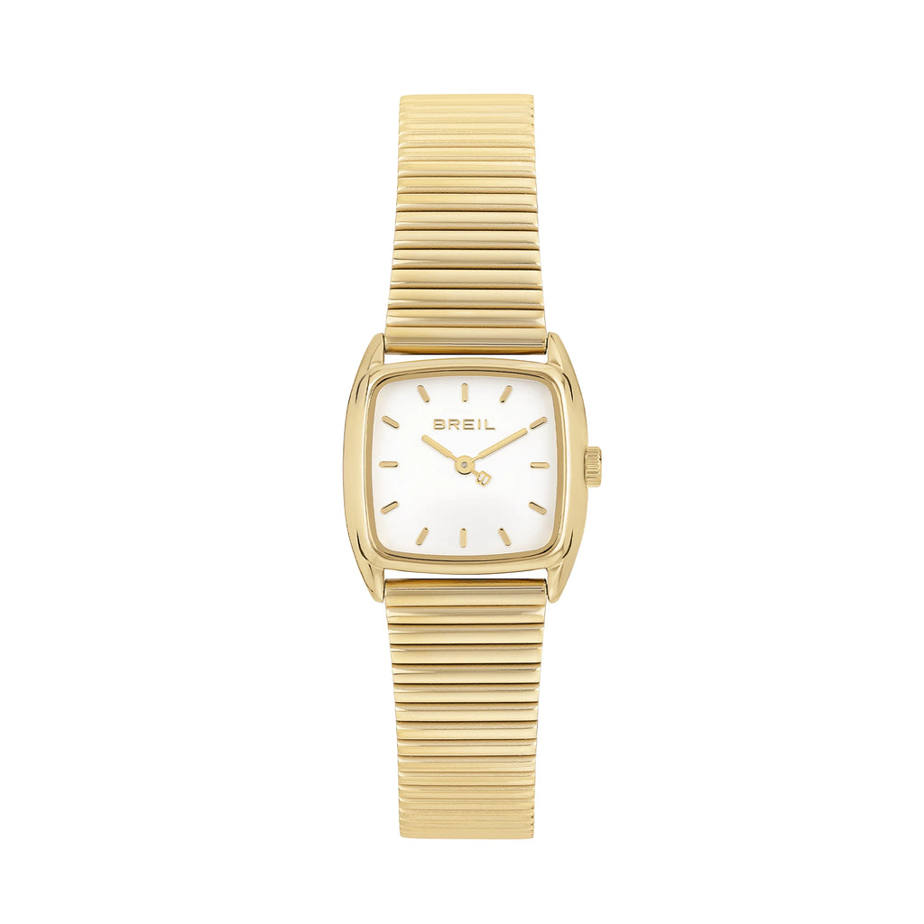 Breil Stylize TW2051 | Orologio Donna Art Déco IP Gold Bianco Maglia Zigrinata 24x21mm Vista Frontale | Gioielleria CICCO
