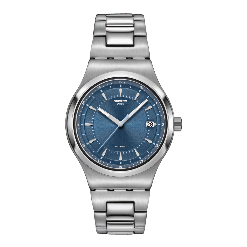 Swatch Irony YI435G Shimmer At Dusk – Orologio in acciaio dorato shimmer, vista frontale su sfondo bianco – CICCO Gioielleria