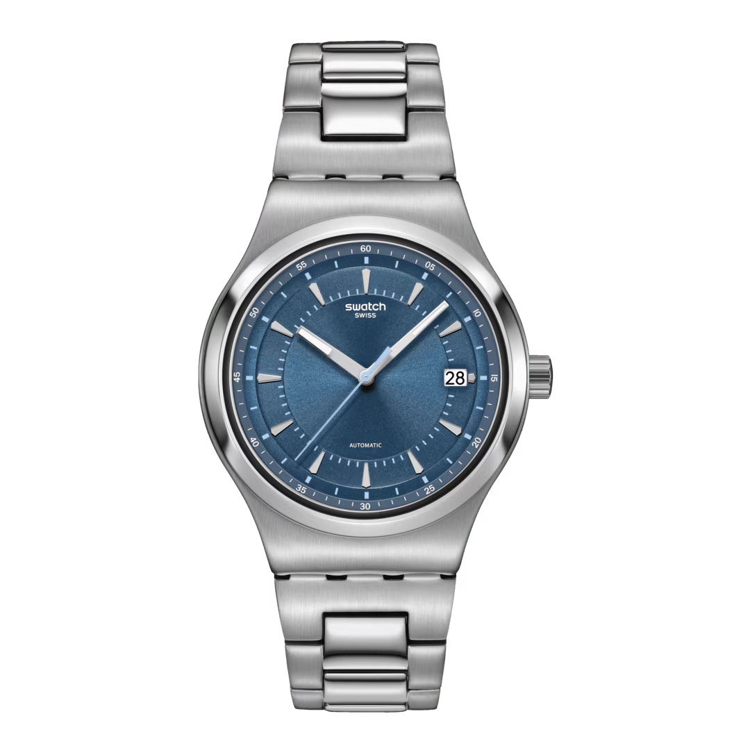 Swatch Irony YI435G Shimmer At Dusk – Orologio in acciaio dorato shimmer, vista frontale su sfondo bianco – CICCO Gioielleria