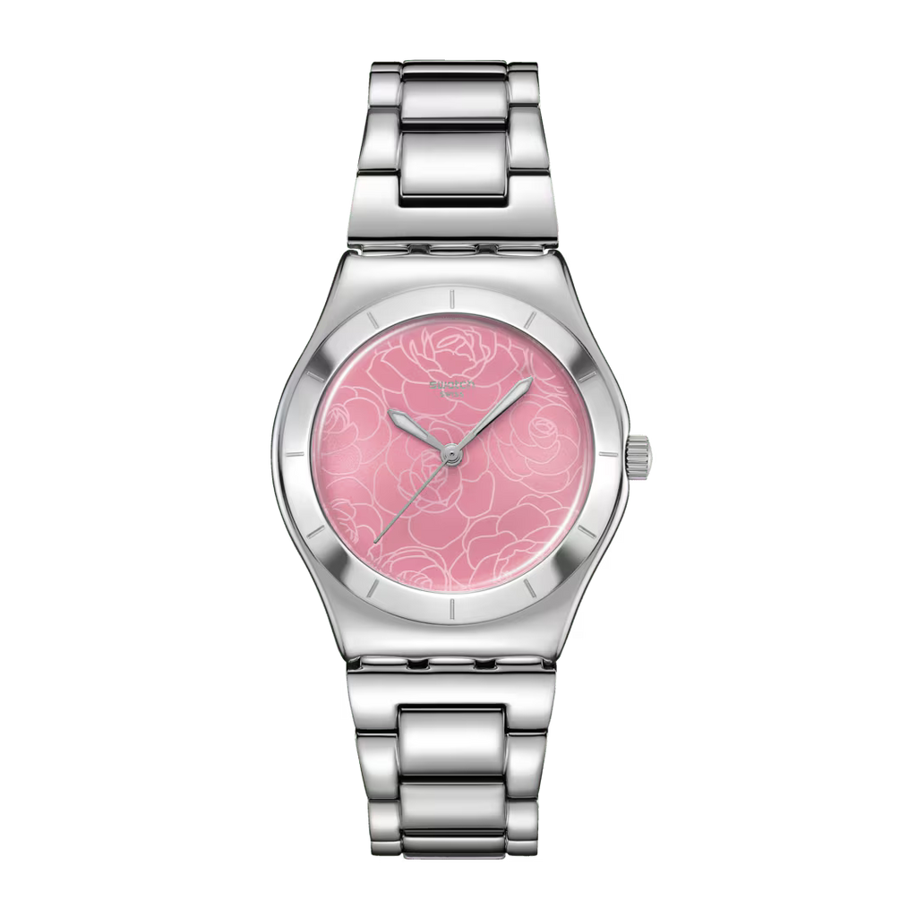 Swatch Irony YLS234G Petal Charm – Orologio in acciaio Lady floreale, vista frontale su sfondo bianco – CICCO Gioielleria