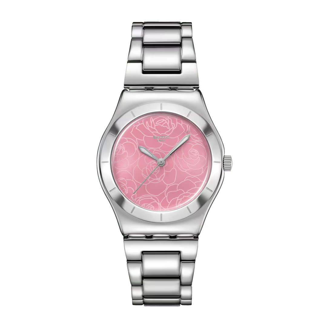 Swatch Irony YLS234G Petal Charm – Orologio in acciaio Lady floreale, vista frontale su sfondo bianco – CICCO Gioielleria