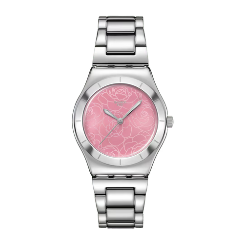 Swatch Irony YLS234G Petal Charm – Orologio in acciaio Lady floreale, vista frontale su sfondo bianco – CICCO Gioielleria
