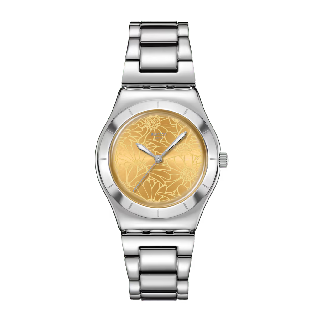 Swatch Irony YLS236G Petal Swirl – Orologio in acciaio Lady floreale, vista frontale su sfondo bianco – CICCO Gioielleria