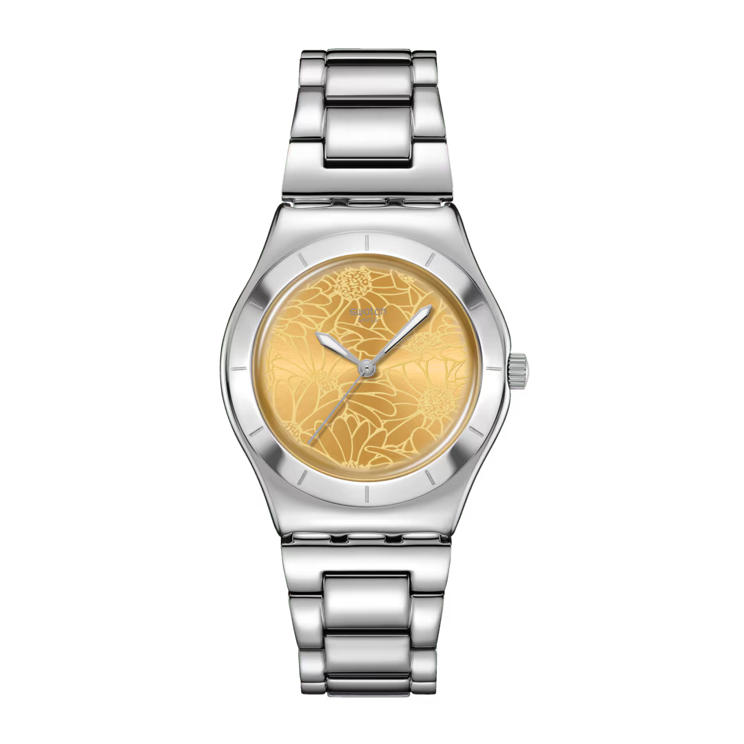 Swatch Irony YLS236G Petal Swirl – Orologio in acciaio Lady floreale, vista frontale su sfondo bianco – CICCO Gioielleria