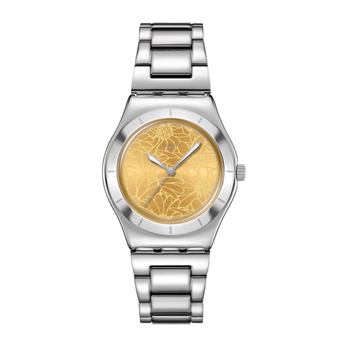 Swatch Irony YLS236G Petal Swirl – Orologio in acciaio Lady floreale, vista frontale su sfondo bianco – CICCO Gioielleria