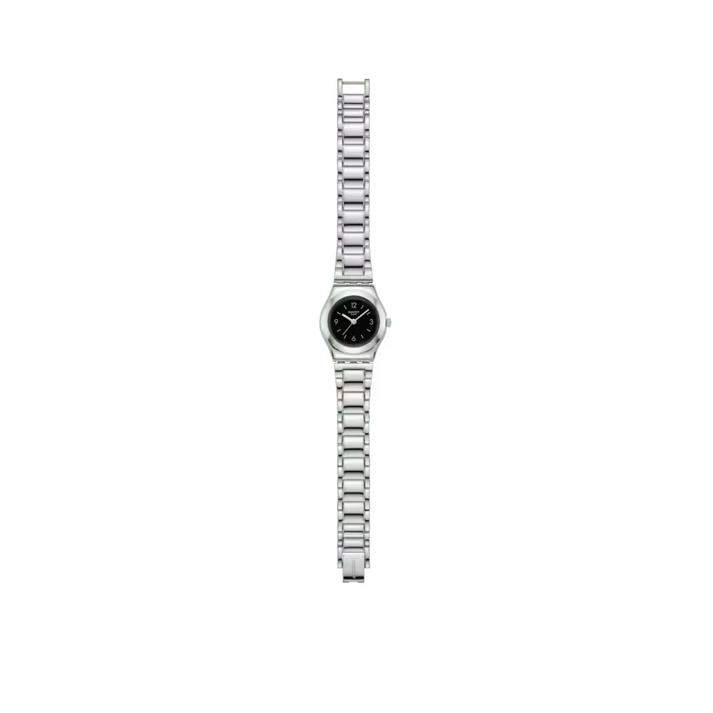 Orologio Swatch Irony Gradino Nero YSS350G visto frontalmente, con quadrante nero e bracciale in acciaio, CICCO Gioielleria.