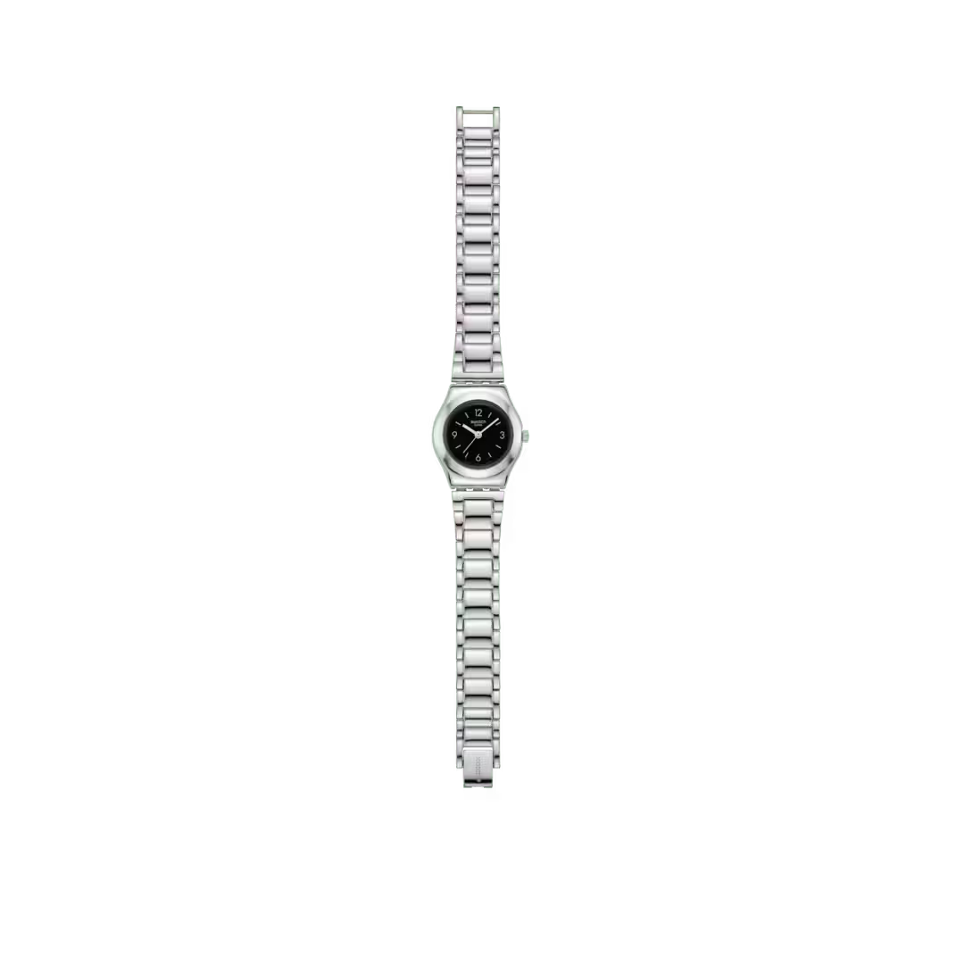 Orologio Swatch Irony Gradino Nero YSS350G visto frontalmente, con quadrante nero e bracciale in acciaio, CICCO Gioielleria.