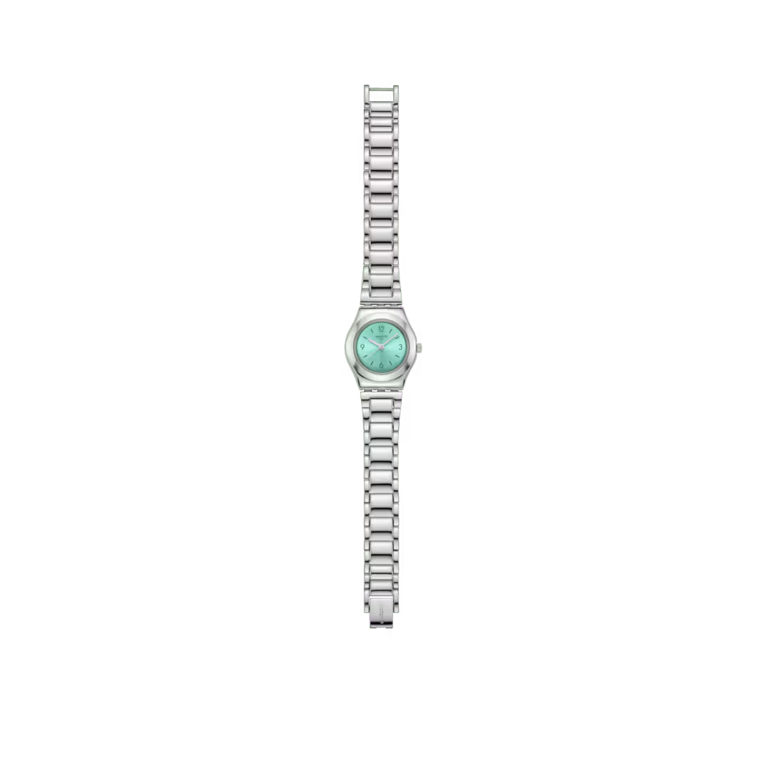 Orologio Swatch Irony Alla Menta YSS353G visto frontalmente, con quadrante turchese e bracciale in acciaio, CICCO Gioielleria.