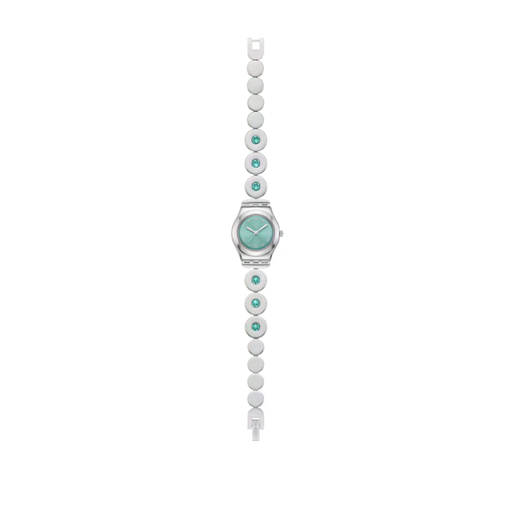 Orologio Swatch Irony MINTY INSPIRANCE YSS355G visto frontalmente, quadrante turchese e bracciale gioiello in acciaio, CICCO Gioielleria.