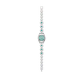 Orologio Swatch Irony MINTY INSPIRANCE YSS355G visto frontalmente, quadrante turchese e bracciale gioiello in acciaio, CICCO Gioielleria.