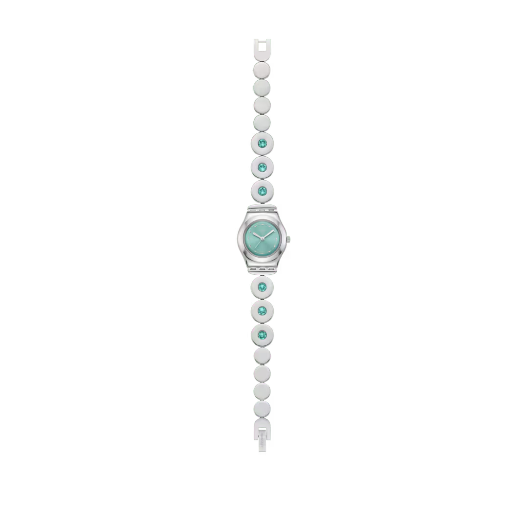 Orologio Swatch Irony MINTY INSPIRANCE YSS355G visto frontalmente, quadrante turchese e bracciale gioiello in acciaio, CICCO Gioielleria.