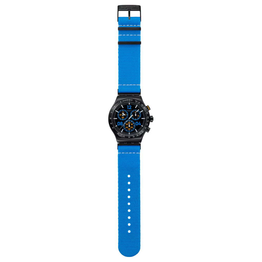 Swatch Irony YVB100 Moments in Blue – Orologio in acciaio blu, vista frontale su sfondo bianco – CICCO Gioielleria