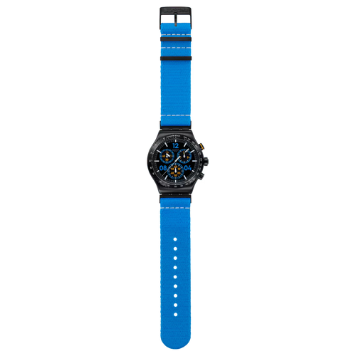 Swatch Irony YVB100 Moments in Blue – Orologio in acciaio blu, vista frontale su sfondo bianco – CICCO Gioielleria