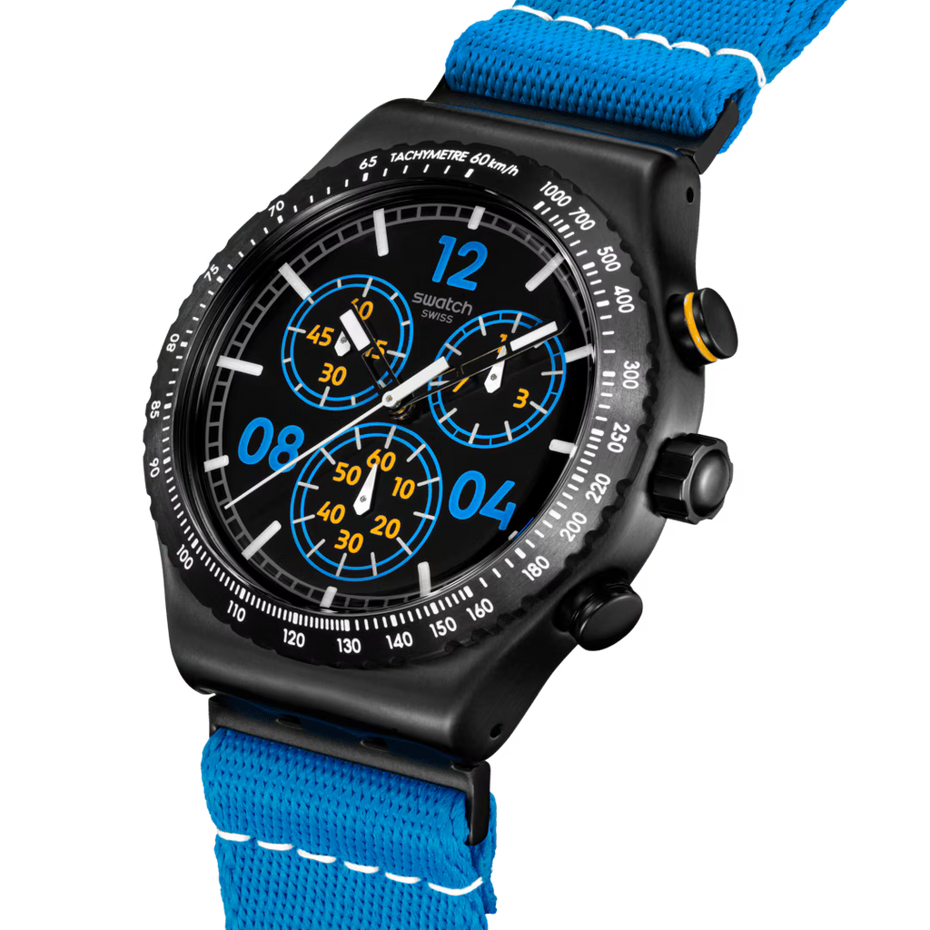 Swatch Irony YVB100 Moments in Blue – Vista laterale cassa acciaio blu – SWATCH