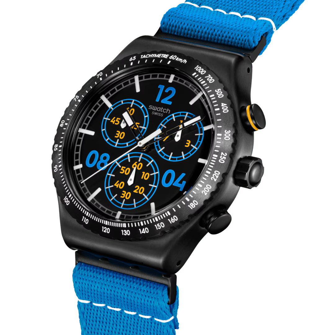Swatch Irony YVB100 Moments in Blue – Vista laterale cassa acciaio blu – SWATCH