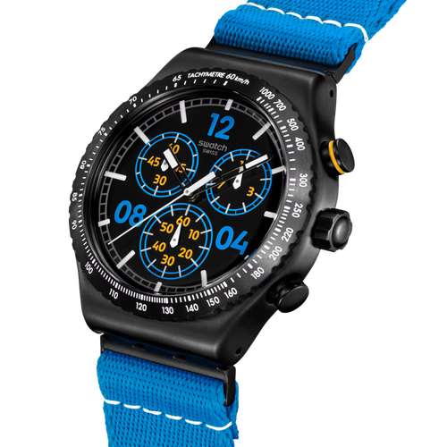 Swatch Irony YVB100 Moments in Blue – Vista laterale cassa acciaio blu – SWATCH