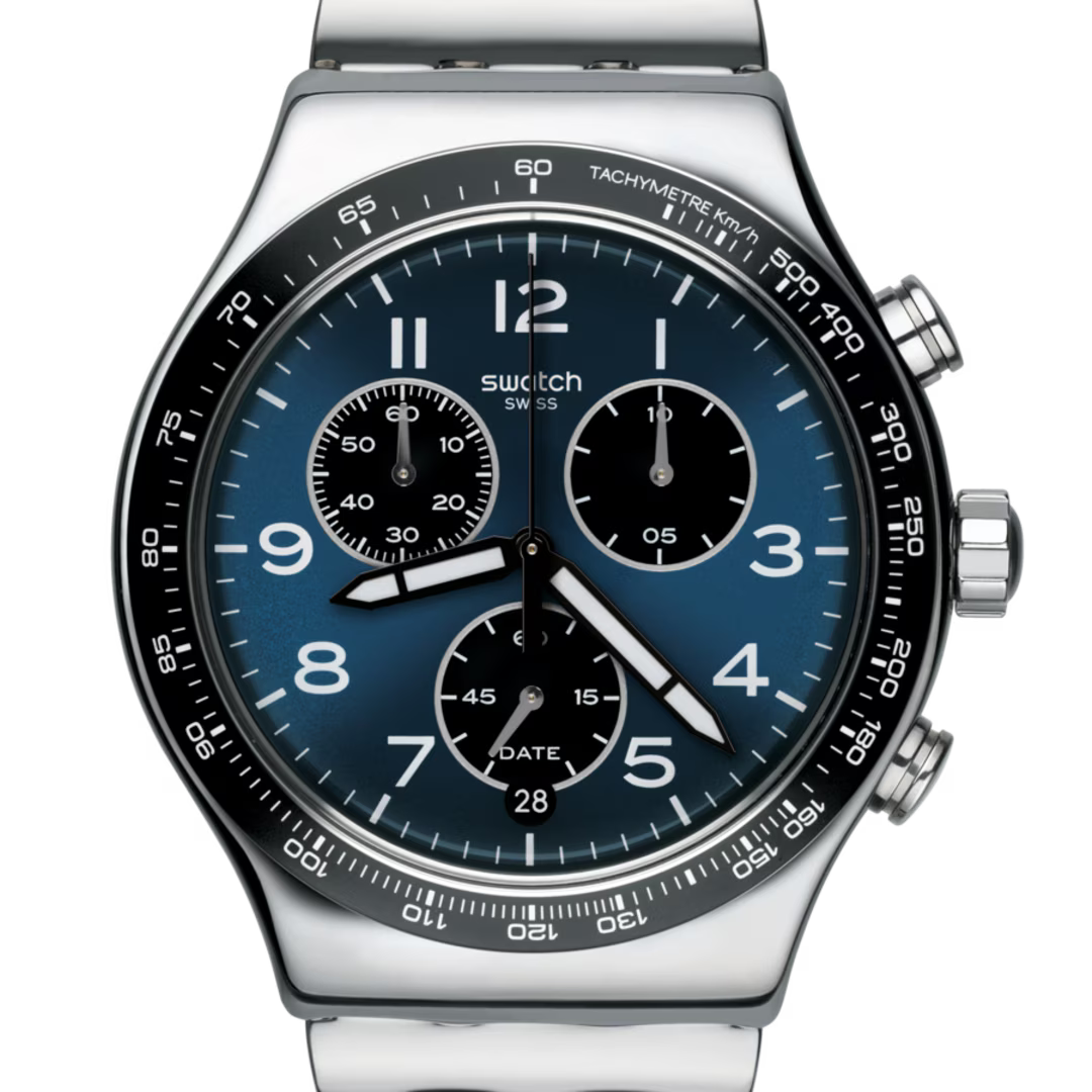 Swatch Irony YVS423GC Boxengasse – Vista laterale cassa acciaio cronografo racing – SWATCH