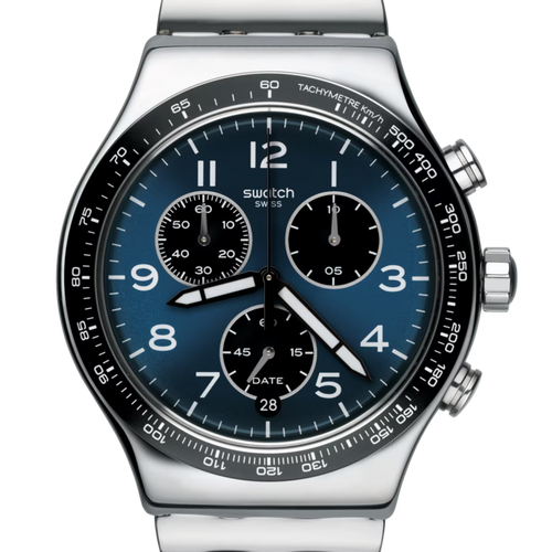 Swatch Irony YVS423GC Boxengasse – Vista laterale cassa acciaio cronografo racing – SWATCH