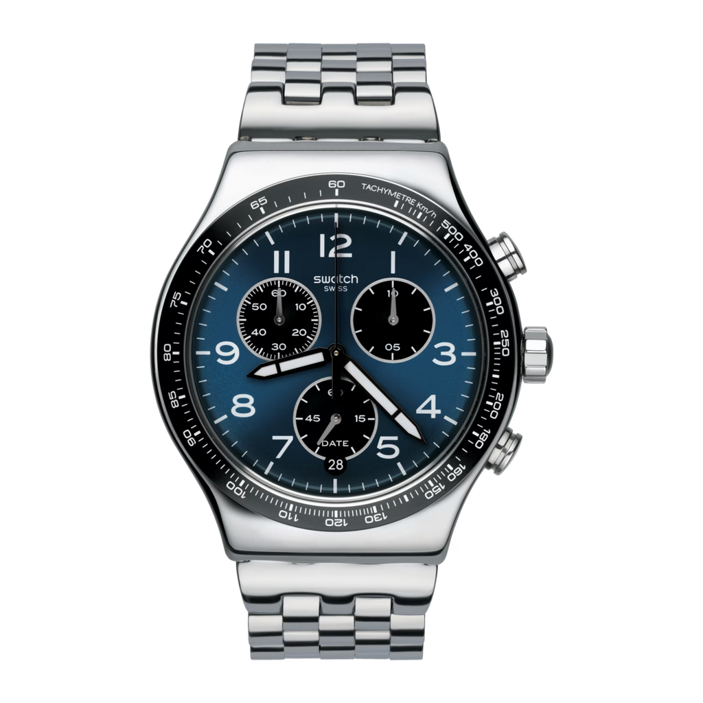 Swatch Irony YVS423GC Boxengasse – Orologio in acciaio cronografo racing, vista frontale su sfondo bianco – CICCO Gioielleria