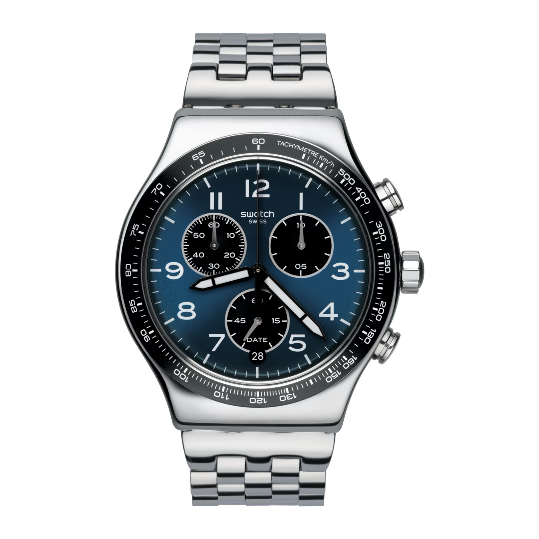 Swatch Irony YVS423GC Boxengasse – Orologio in acciaio cronografo racing, vista frontale su sfondo bianco – CICCO Gioielleria