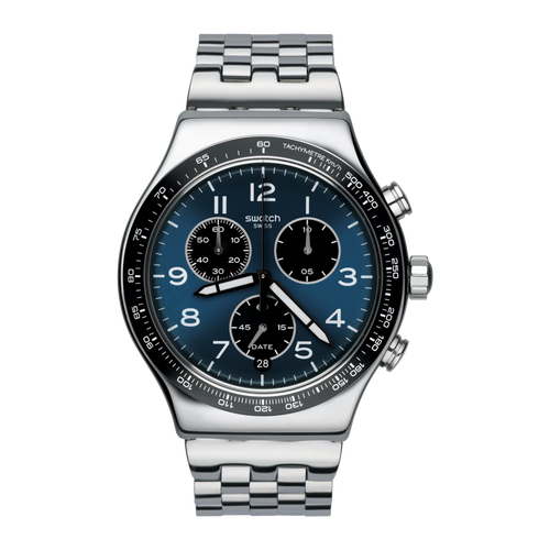 Swatch Irony YVS423GC Boxengasse – Orologio in acciaio cronografo racing, vista frontale su sfondo bianco – CICCO Gioielleria