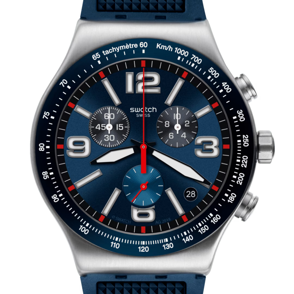 Swatch Irony YVS454 Blue Grid – Vista laterale cassa acciaio blu griglia – SWATCH