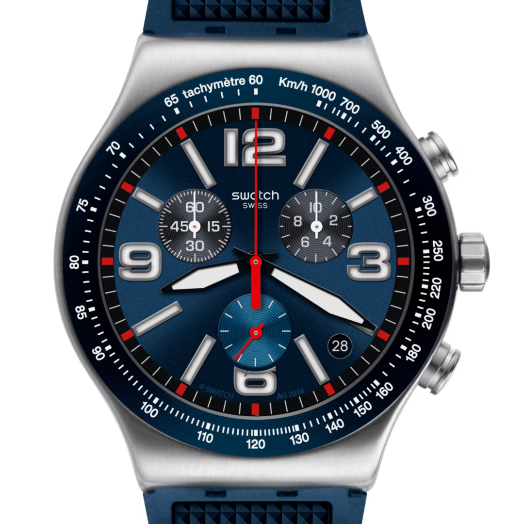 Swatch Irony YVS454 Blue Grid – Vista laterale cassa acciaio blu griglia – SWATCH