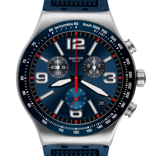 Swatch Irony YVS454 Blue Grid – Vista laterale cassa acciaio blu griglia – SWATCH