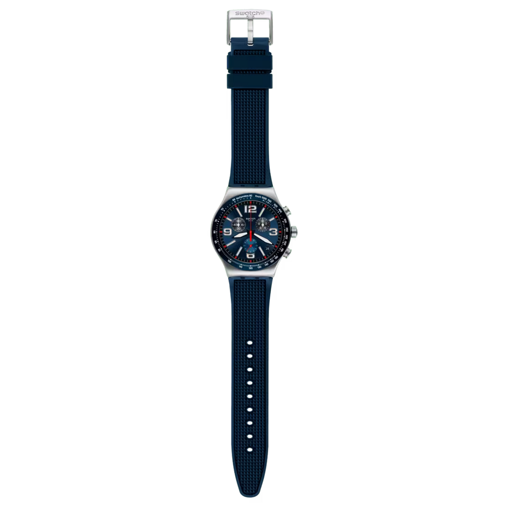 Swatch Irony YVS454 Blue Grid – Orologio in acciaio blu griglia, vista frontale su sfondo bianco – CICCO Gioielleria