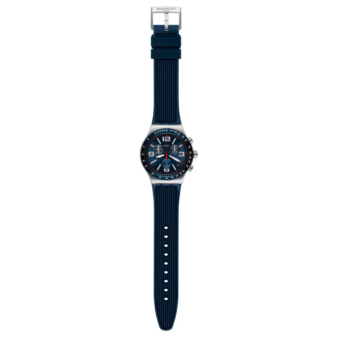 Swatch Irony YVS454 Blue Grid – Orologio in acciaio blu griglia, vista frontale su sfondo bianco – CICCO Gioielleria