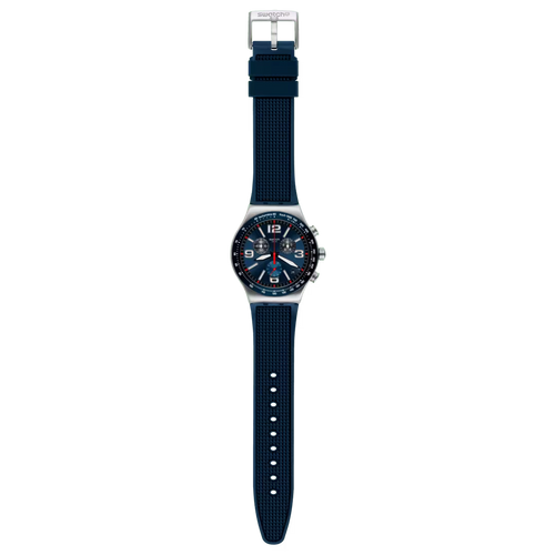 Swatch Irony YVS454 Blue Grid – Orologio in acciaio blu griglia, vista frontale su sfondo bianco – CICCO Gioielleria