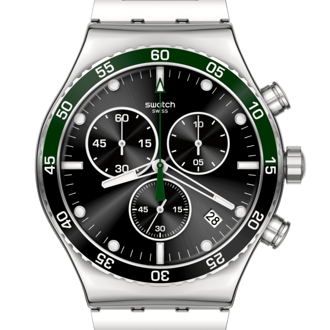 Swatch Irony YVS506G Dark Green – Vista laterale cassa acciaio verde scuro – SWATCH