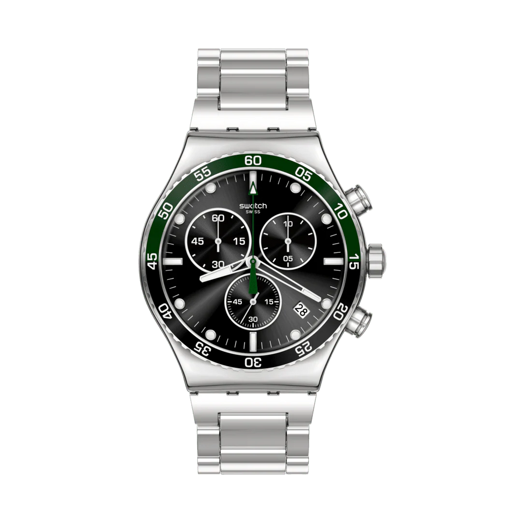Swatch Irony YVS506G Dark Green – Orologio in acciaio verde scuro, vista frontale su sfondo bianco – CICCO Gioielleria