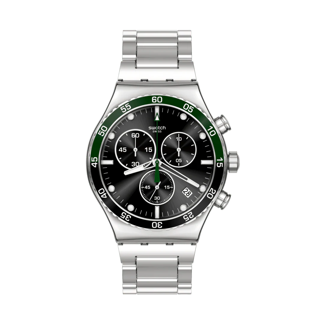 Swatch Irony YVS506G Dark Green – Orologio in acciaio verde scuro, vista frontale su sfondo bianco – CICCO Gioielleria