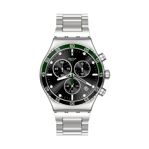 Swatch Irony YVS506G Dark Green – Orologio in acciaio verde scuro, vista frontale su sfondo bianco – CICCO Gioielleria