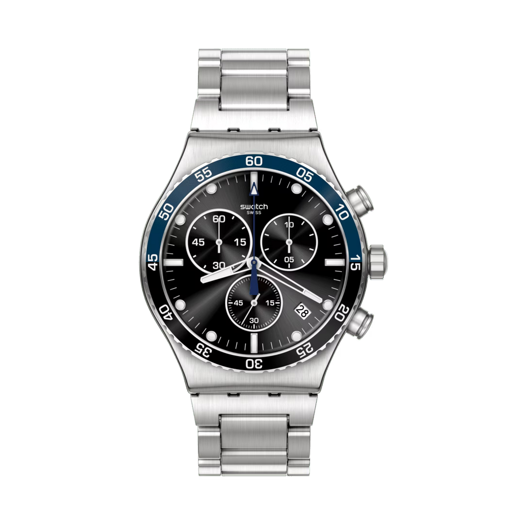 Swatch Irony YVS507G Dark Blue – Orologio in acciaio blu scuro, vista frontale su sfondo bianco – CICCO Gioielleria