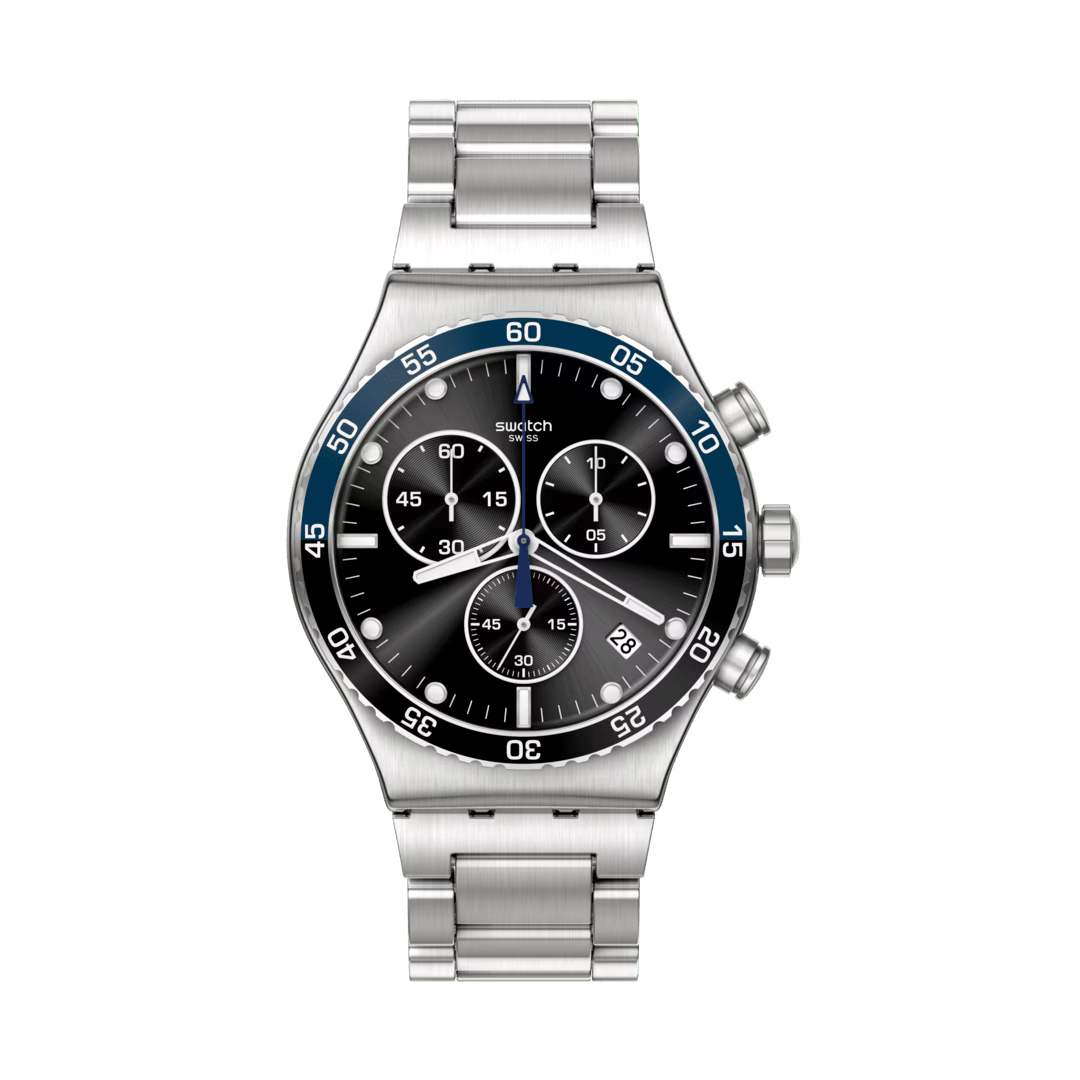 Swatch Irony YVS507G Dark Blue – Orologio in acciaio blu scuro, vista frontale su sfondo bianco – CICCO Gioielleria